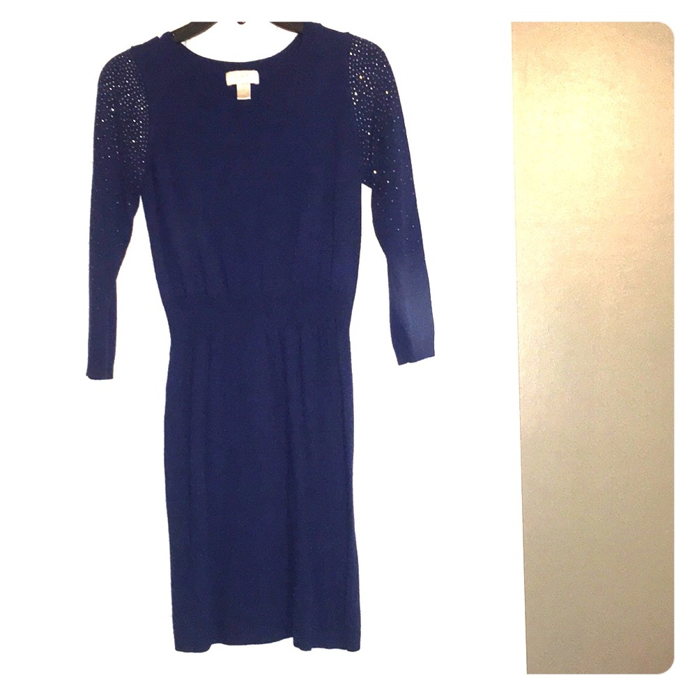 Navy blue sweater dress with rhinestone sleeves